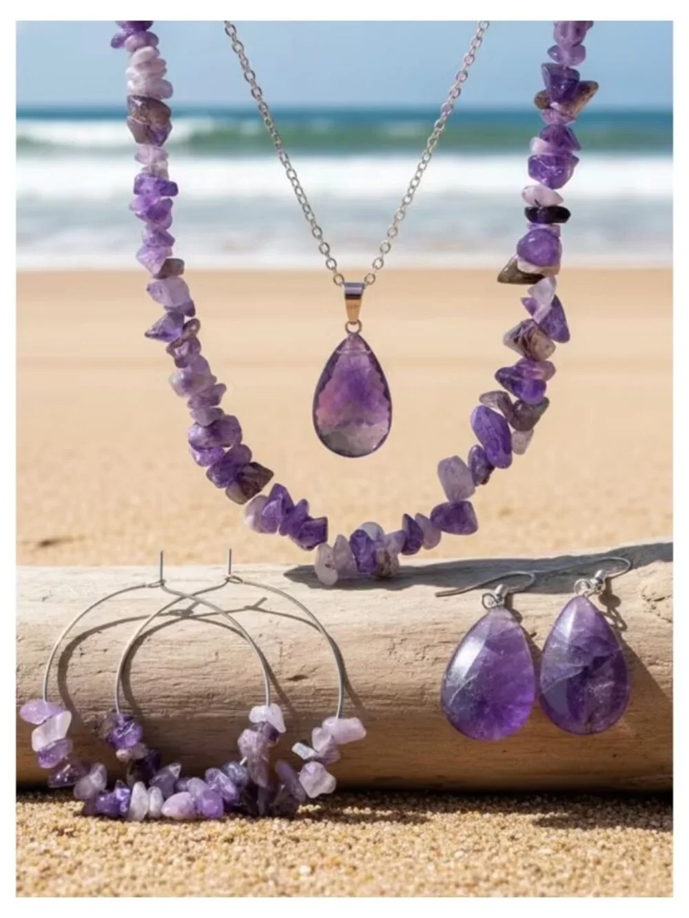 NWT White Gold Plated Amethyst Crystal Jewelry Set Boho Layered Necklace Earring